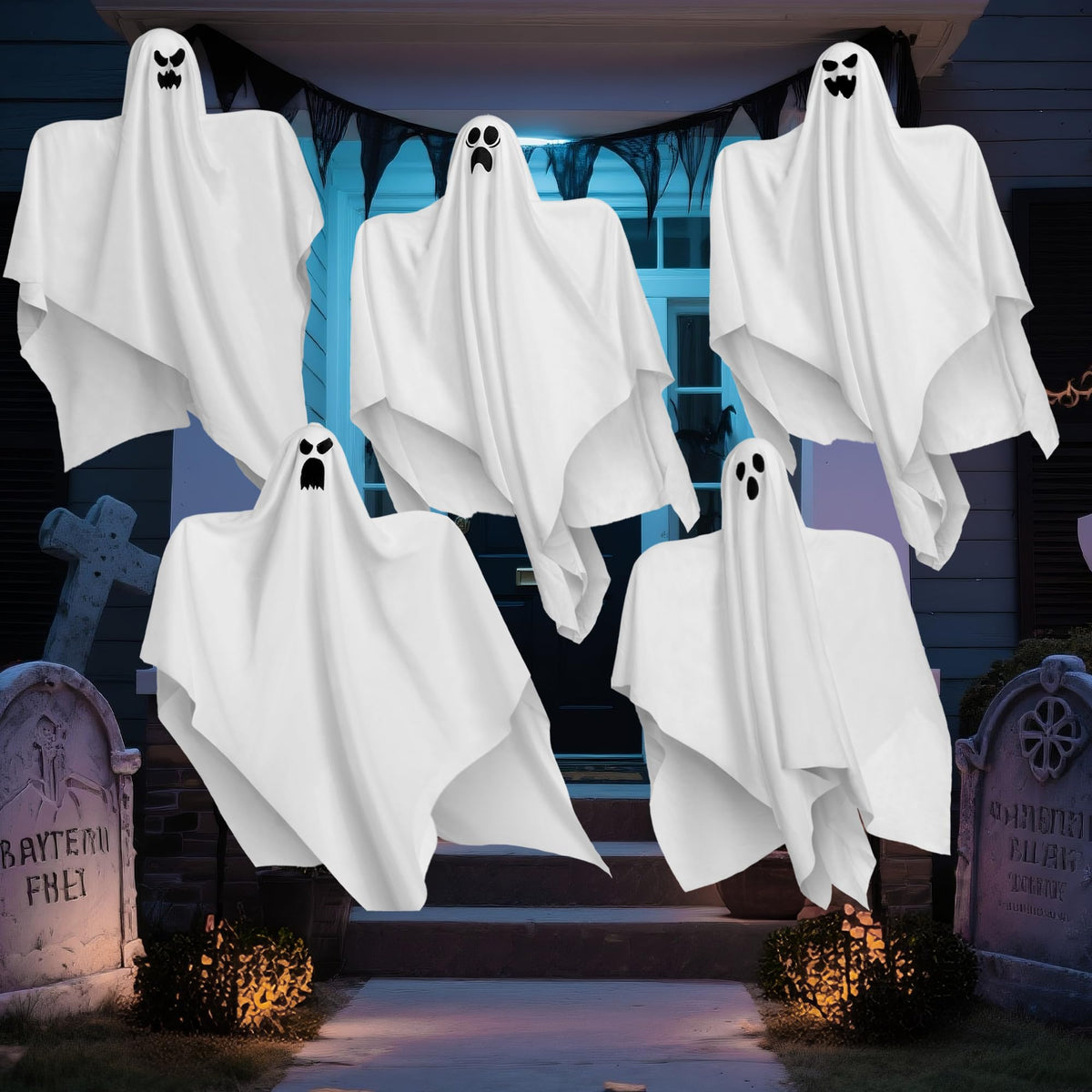 JOYIN 27.5" Halloween Hanging Ghosts Outdoor Decoration(5 Pack), Cute Flying Ghosts for Halloween Front Yard Patio Lawn Garden Party Décor and Holiday Hanging Decorations 🍁 All In One Marketplace Canada