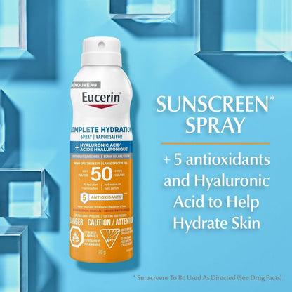 Eucerin Complete Hydration Sunscreen Spray, Daily Body Sunscreen SPF 50 With Hyaluronic Acid, Lightweight Body SPF 50 Spray with UVA-UVB Sun Protection, Fragrance Free & Water Resistant, 170 g Spray Bottle - Available at All In One Marketplace Canada