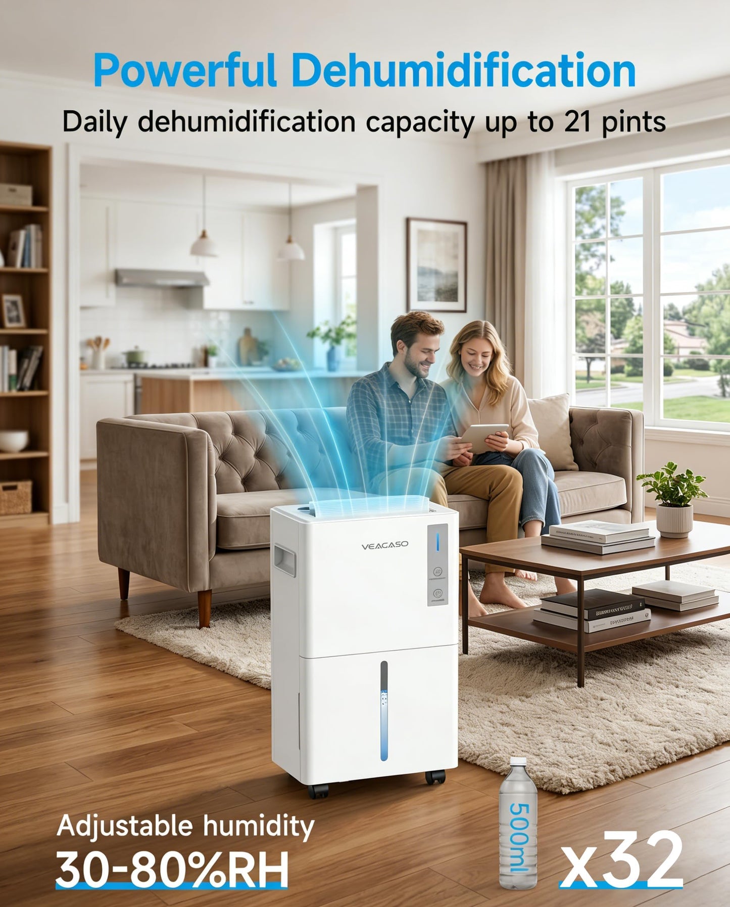 VEAGASO 1500 Sq.Ft Dehumidifier, 21 Pints Dehumidifiers for Basemens with Drain Hose & Humidity Control, Quiet Operation Dehumidifiers for Home, RV, Bathroom, Bedroom - 3 Modes & 24H Timer - Available at All In One Marketplace Canada
