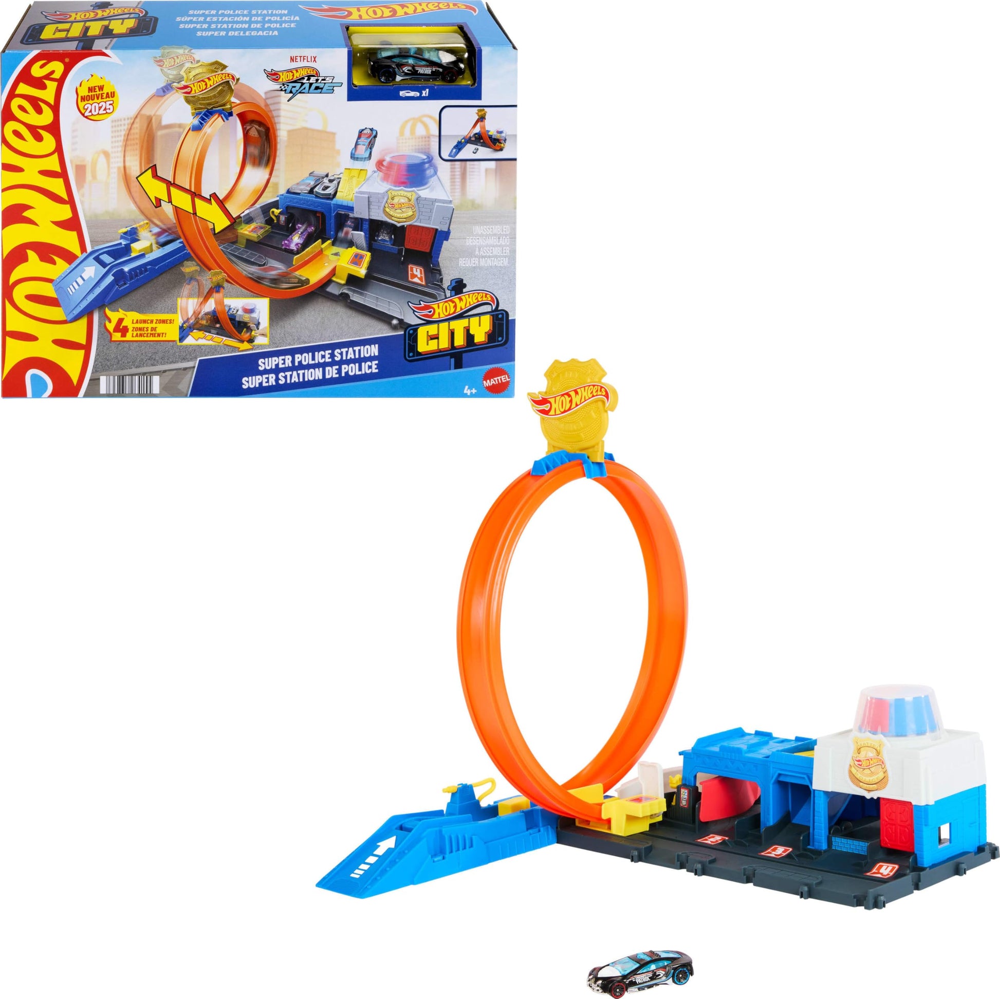 Hot Wheels Toy Car Track Set, Super Police Station Playset with 1:64 Scale Die-Cast Vehicle, Adjustable Loop for Multiple Ways to Race & Stunt Hot Wheels