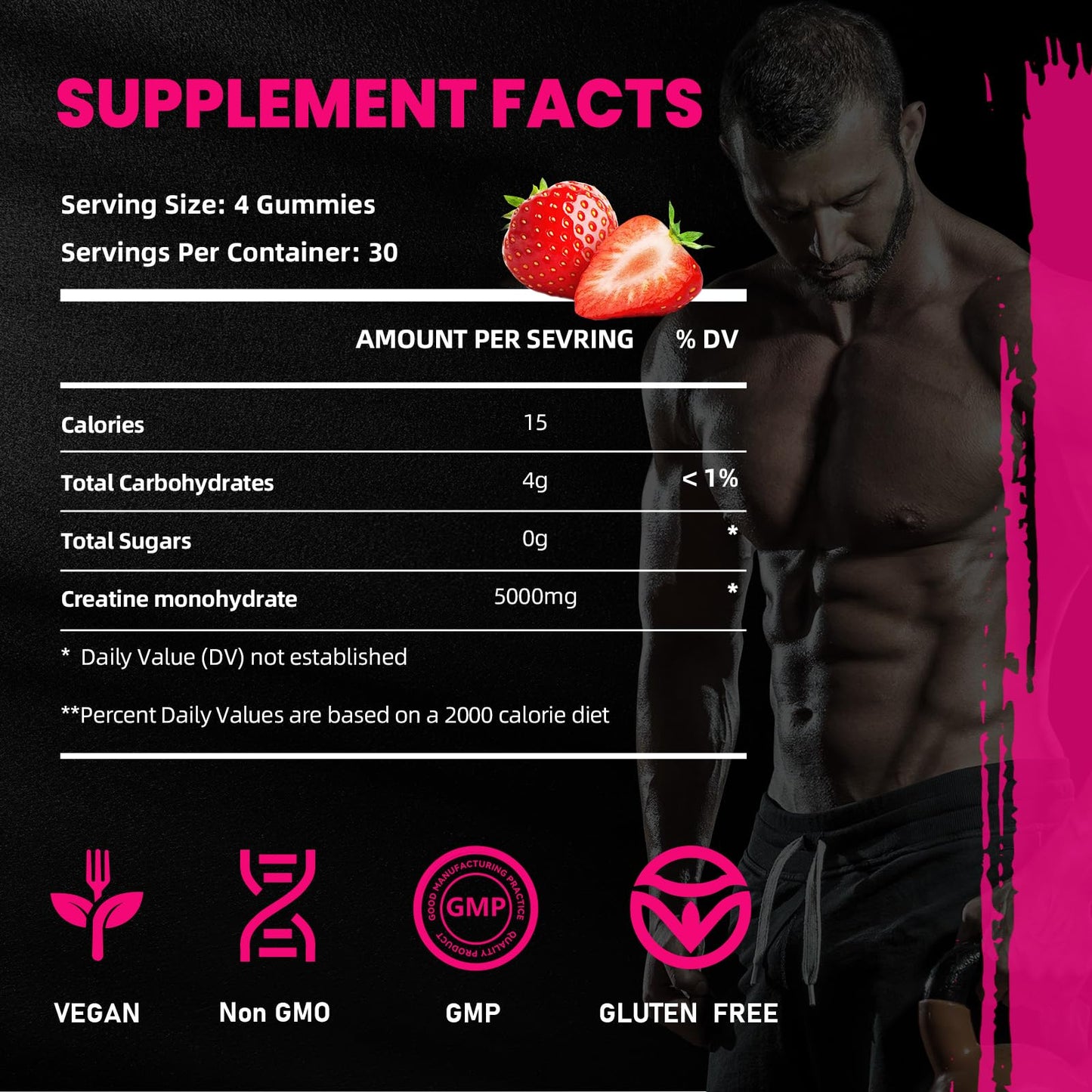 Creatine Monohydrate Gummies 5000mg for Men & Women, Gomitas de Creatina 5g Creatine Monohydrate, 0g Sugar Creatine Pre-Workout for Muscle Strength, Vegan, 120 Count Strawberry (Pack of 1)