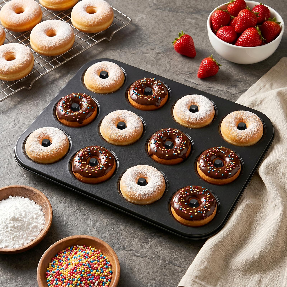 Lawei Pack of 2 Donuts Baking Mould with 24 Cavities Doughnut Mould with Non-Stick Coating, High-Quality Doughnut Baking Mould for Doughnut, Cake, Dessert, Black 🍁 All In One Marketplace Canada