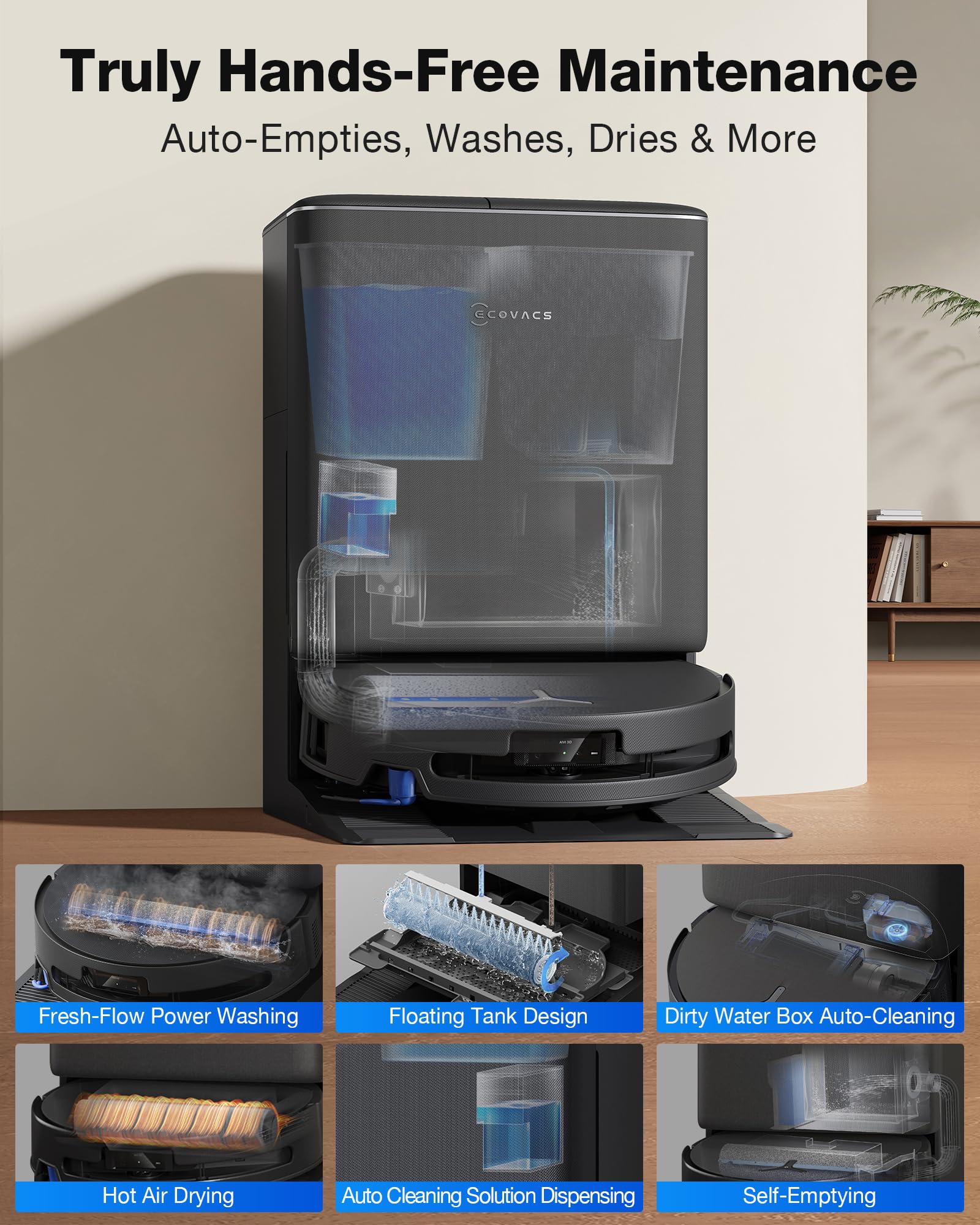 ECOVACS DEEBOT T90 PRO OMNI Robot Vacuum and Mop, 30,000Pa Suction, Instant Self-Cleaning OZMO Roller Mop, TruEdge Deep Edge Cleaning, ZeroTangle, Hot Water Wash & 145°F Air Dry, AI Obstacle Avoidance - Available at All In One Marketplace Canada