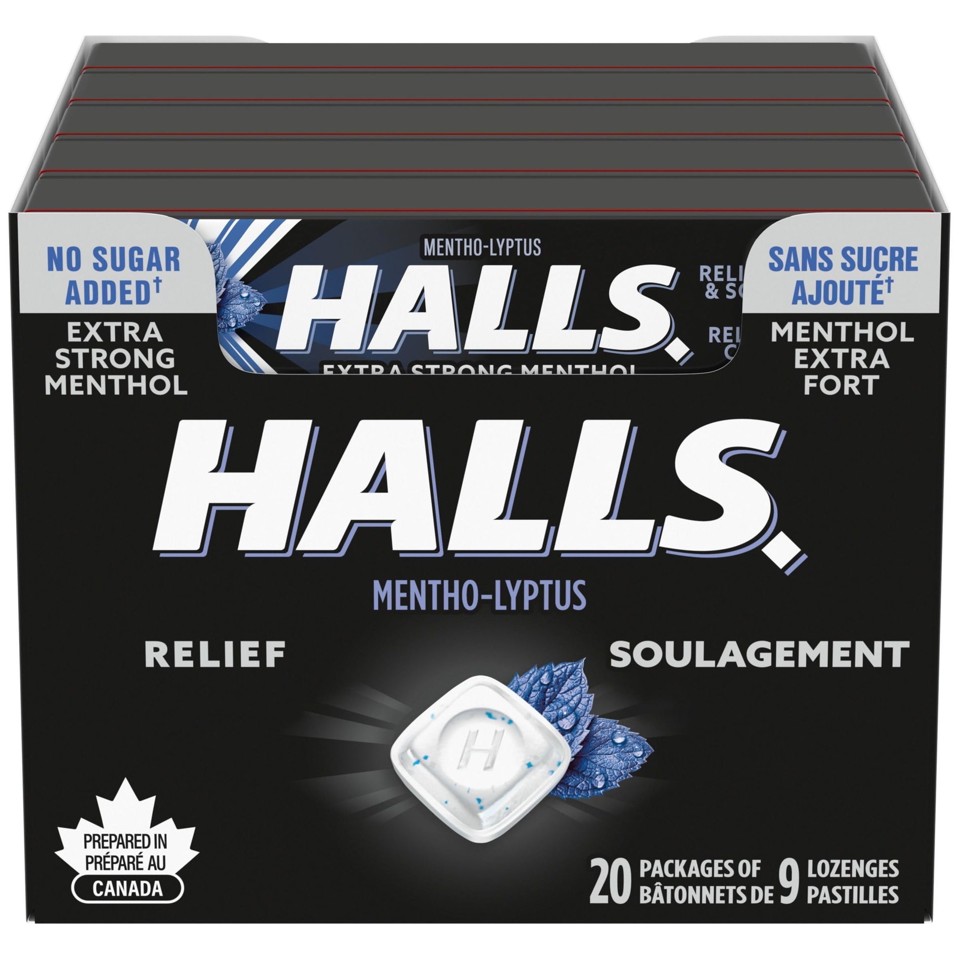 HALLS Extra Strong No Sugar Added Cough Drops - 20 Packs of 9 Lozenges
