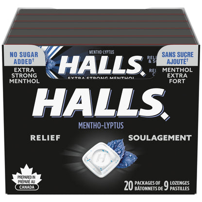 HALLS Extra Strong No Sugar Added Cough Drops - 20 Packs of 9 Lozenges