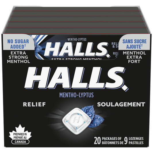HALLS Extra Strong No Sugar Added Cough Drops - 20 Packs of 9 Lozenges