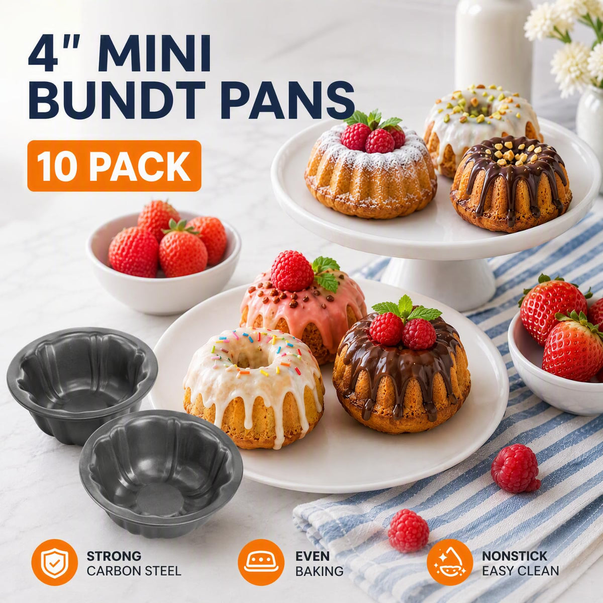 ZENFUN 10 Pcs Mini Flan Molds Pan, 4 Inches Fluted Cake Pan Nonstick, Carbon Steel Mini Flan Molds Pans, Cake Pans Reusable Tube Oven Baking Mold for Cupcake, Bread, Bavarois, Brownie 🍁 All In One Marketplace Canada