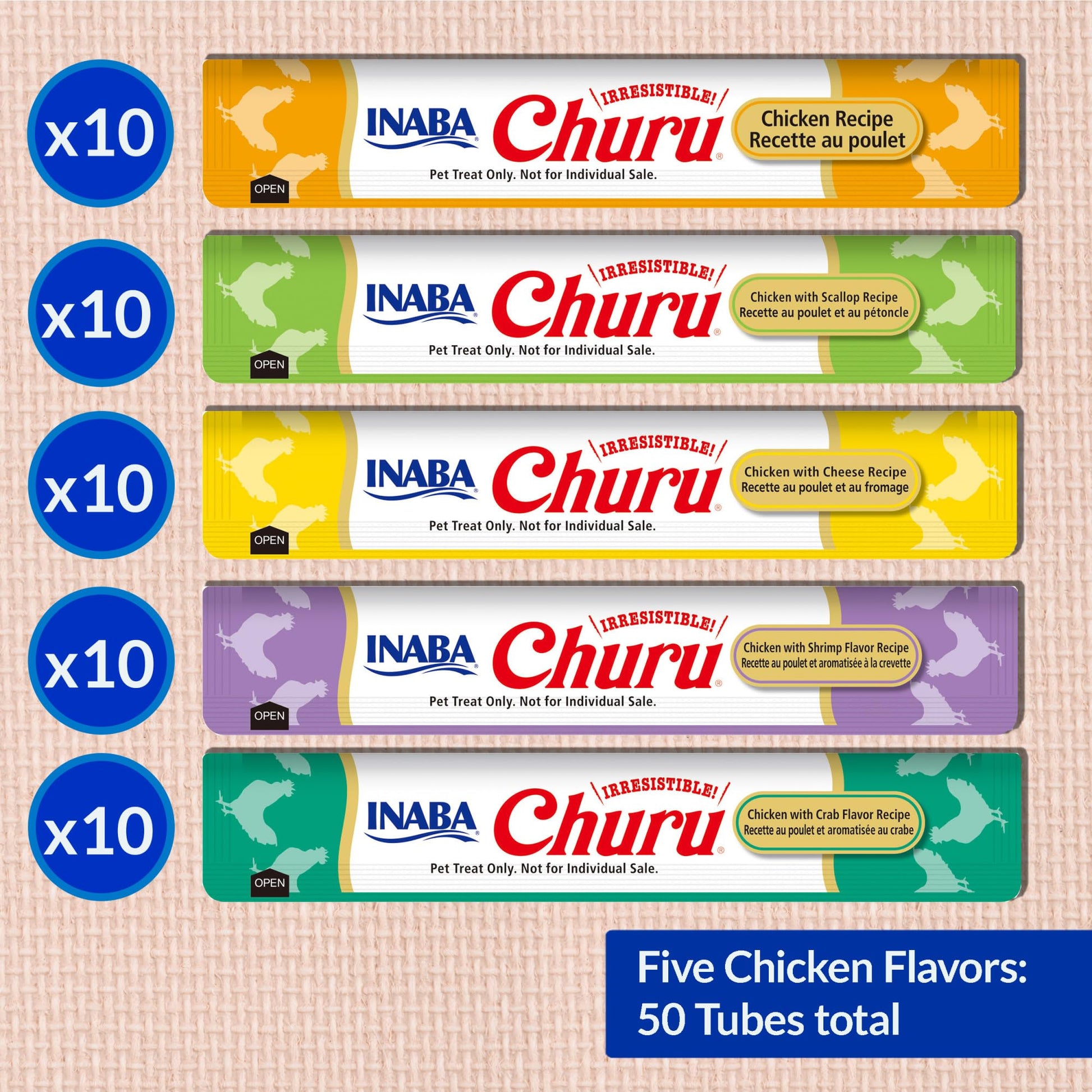 INABA Churu Cat Treats, Lickable, Squeezable Creamy Purée Cat Treat with Green Tea Extract & Taurine, 14 Grams Each Tube, 50 Tubes, Chicken Variety