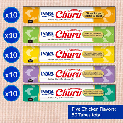 INABA Churu Cat Treats, Lickable, Squeezable Creamy Purée Cat Treat with Green Tea Extract & Taurine, 14 Grams Each Tube, 50 Tubes, Chicken Variety