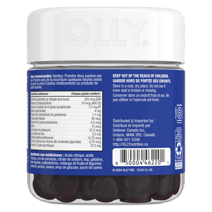 OLLY Men's Multi Gummy Supplement with no artificial flavours and colours Blackberry Blitz multivitamin to help support men's health 45 day supply 90 gummies