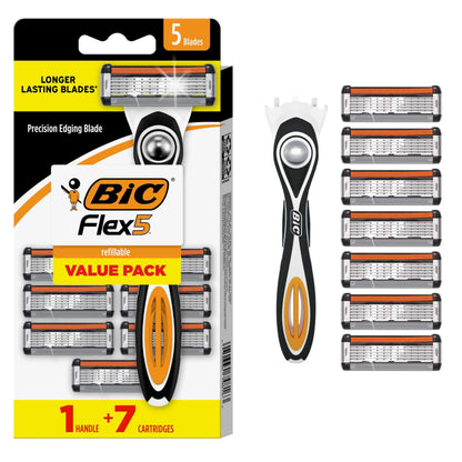 BIC Flex 5 Men's Refillable 5-Blade Razors with 1 Handle and 7 Cartridges, Up to 13 Shaves Per Cartridge, Men's Razors for First Apartment Essentials - Available at All In One Marketplace Canada