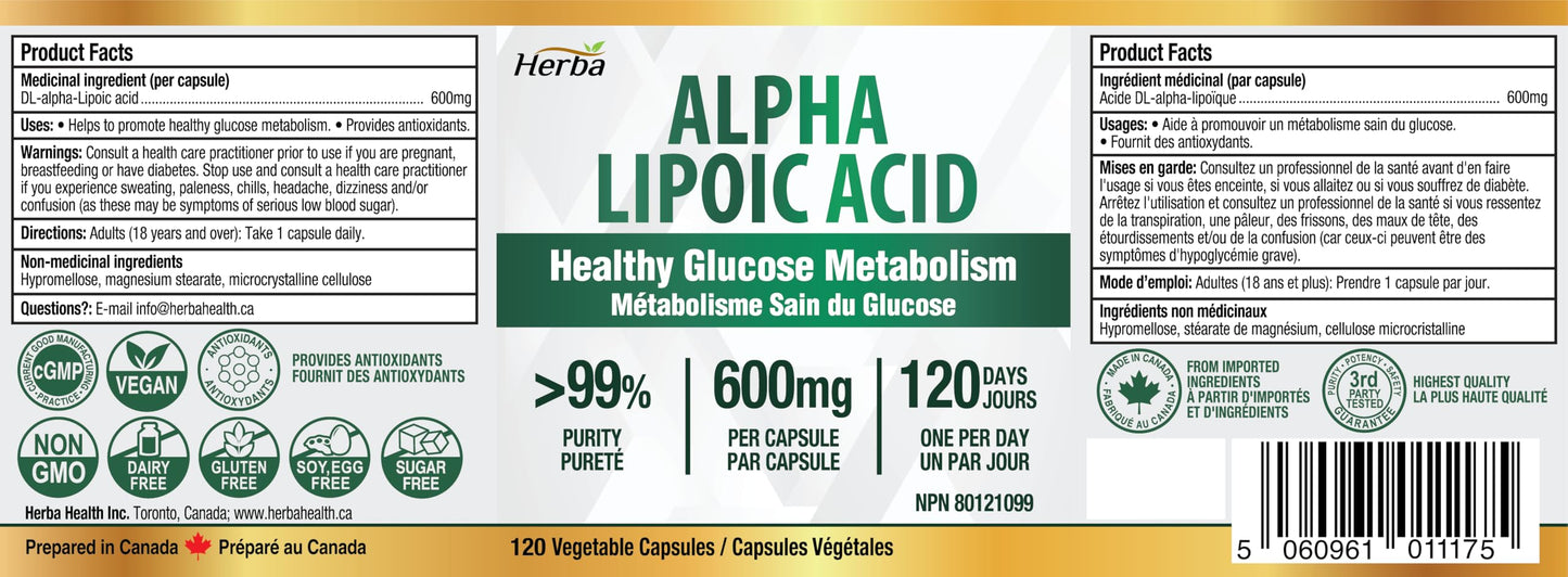 Herba Alpha Lipoic Acid 600mg – 120 Capsules | >99% Ultra Pure | Made in Canada | Blood Sugar Support Supplement - Available at All In One Marketplace Canada