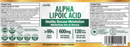 Herba Alpha Lipoic Acid 600mg – 120 Capsules | >99% Ultra Pure | Made in Canada | Blood Sugar Support Supplement - Available at All In One Marketplace Canada