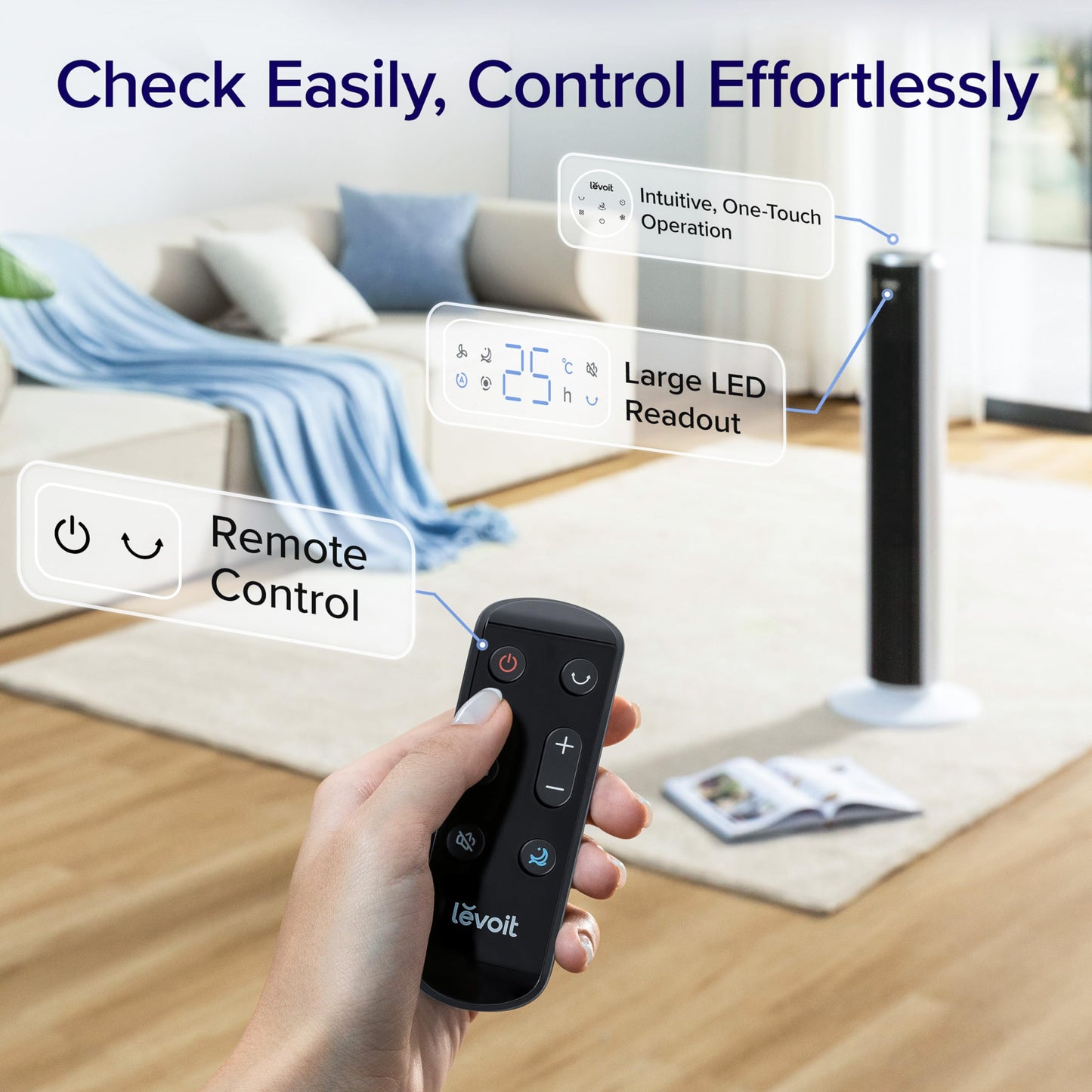 Levoit 25dB Tower Fan for Bedroom, 26ft/s Velocity Standing Fan, 90° Oscillating Cooling Fans for Home, 12 Speeds, LED Display, 4 Modes, 12H Timer, Bladeless, Remote Control, 36 inch