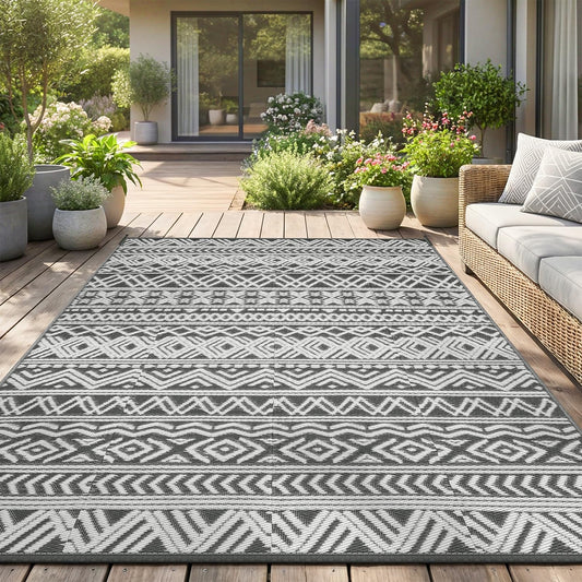 Outdoor Rug 5x8 ft Waterproof Outdoor Carpet-Patio RV Deck Camping Rug Portable Boho Rugs for Outdoor Area Rug Picnic Backyard Porch Beach Mat Grey
