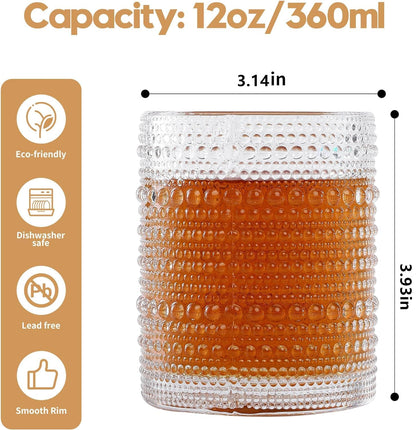 HomeVogue Hobnail Drinking Glasses Set of 6,12 oz Vintage Glassware Set Cocktail Glass Set, Embossed Clear Water Tumbler,for Beer, Whiskey,Juice and Various Mixed Drinks (Clear) - Available at All In One Marketplace Canada