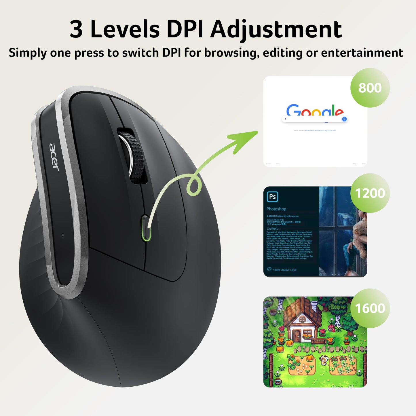 Acer Wireless Ergonomic Mouse, Rechargeable Vertical Mouse, 3 Adjustable DPI 1600/1200/1000, Ergo Mice, 2.4GHz Computer Mouse with 6 Buttons, 2.4GHz USB Receiver for Laptop, PC, Desktop