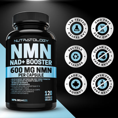 Nutratology® NMN Supplement - 1200 mg Per Serving - NAD+ Booster - Made In Canada - Premium 99% Purity - Protects Cellular Health & Supports Healthy Aging - 120 Capsules