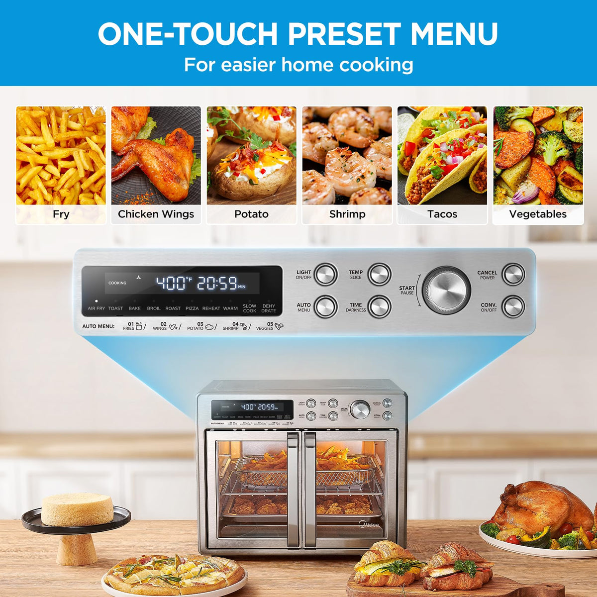 Midea 26.4Qt Air Fryer Toaster Oven, 10-in-1 French Door Combo, 1750W, SS