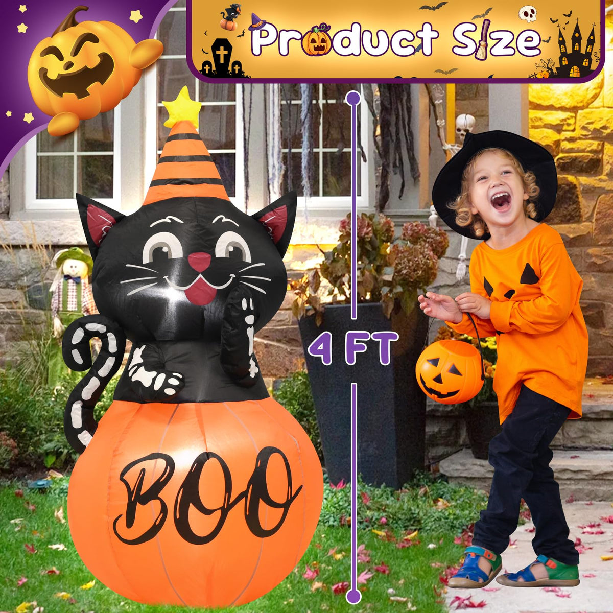 4FT Halloween Inflatable Decor Pumpkin Cat with LED Lights 🍁 All In One Marketplace Canada