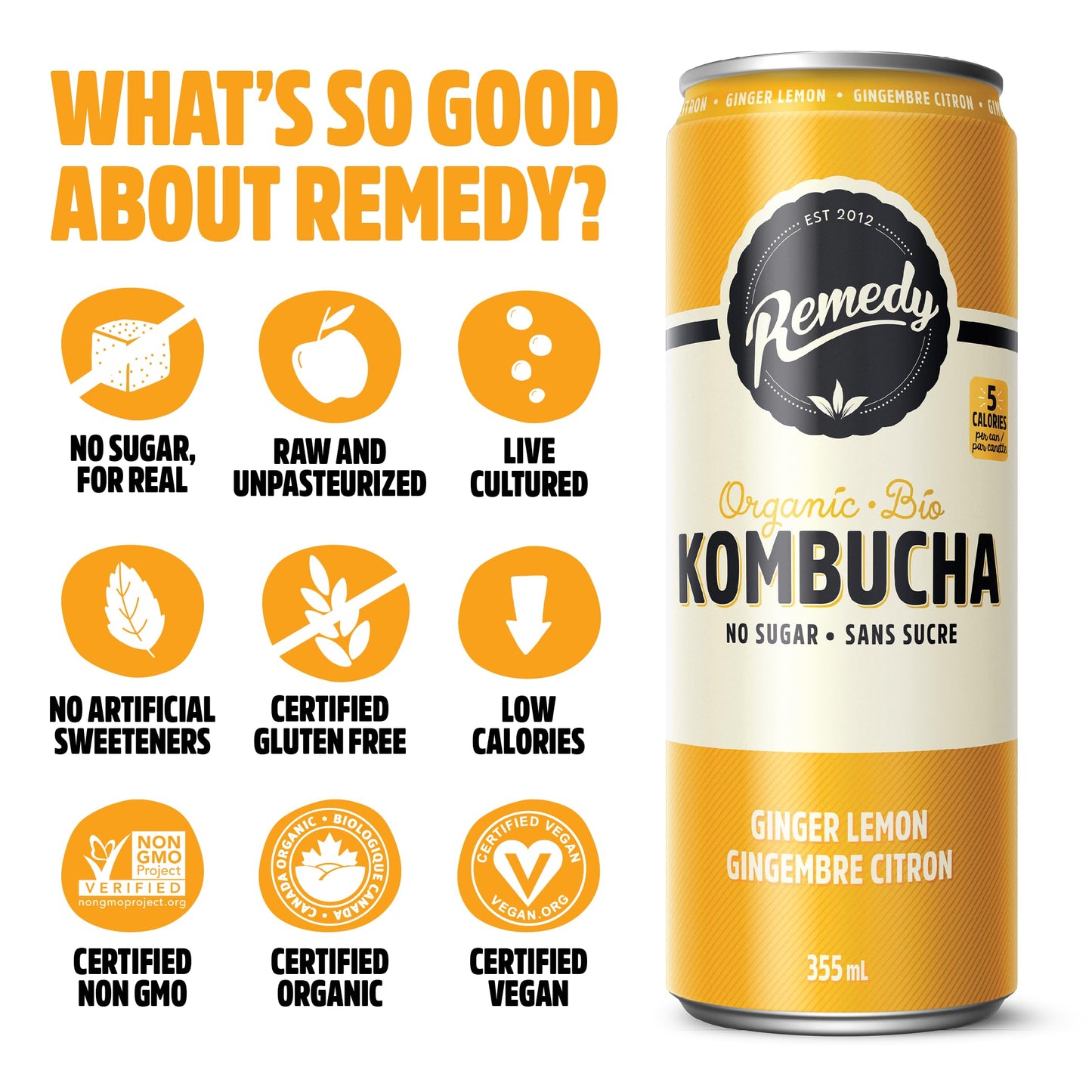Remedy Kombucha Sugar-Free Organic Sparkling Drink - 6 Flavour Variety Pack, 355 mL Cans (24-Pack)