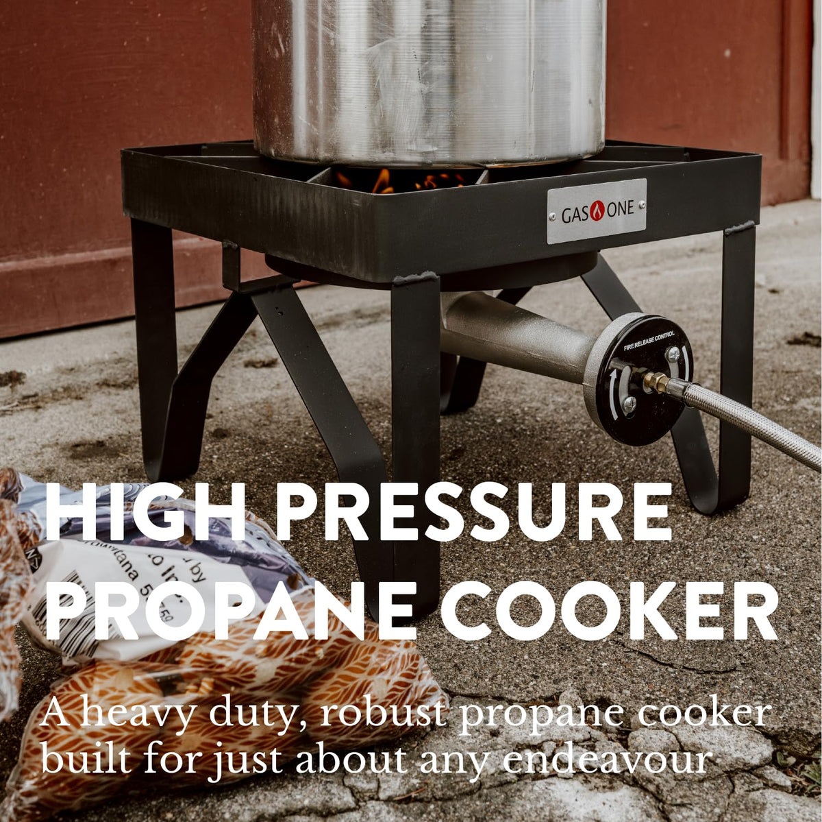 GAS ONE 200,000 BTU Square Heavy- Duty Single Burner Outdoor Stove Propane Gas Cooker with Adjustable 0-20PSI Regulator and Steel Braided Hose Perfect for Home Brewing, Turkey Fry, Maple Syrup Prep