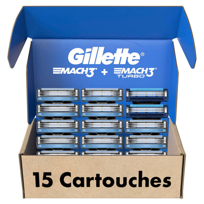 Gillette Men's Razor Blade Refills, 13 Mach3 Cartridges + 2 Mach3 Turbo Cartridges Blue, Total Pack of 15 - Available at All In One Marketplace Canada