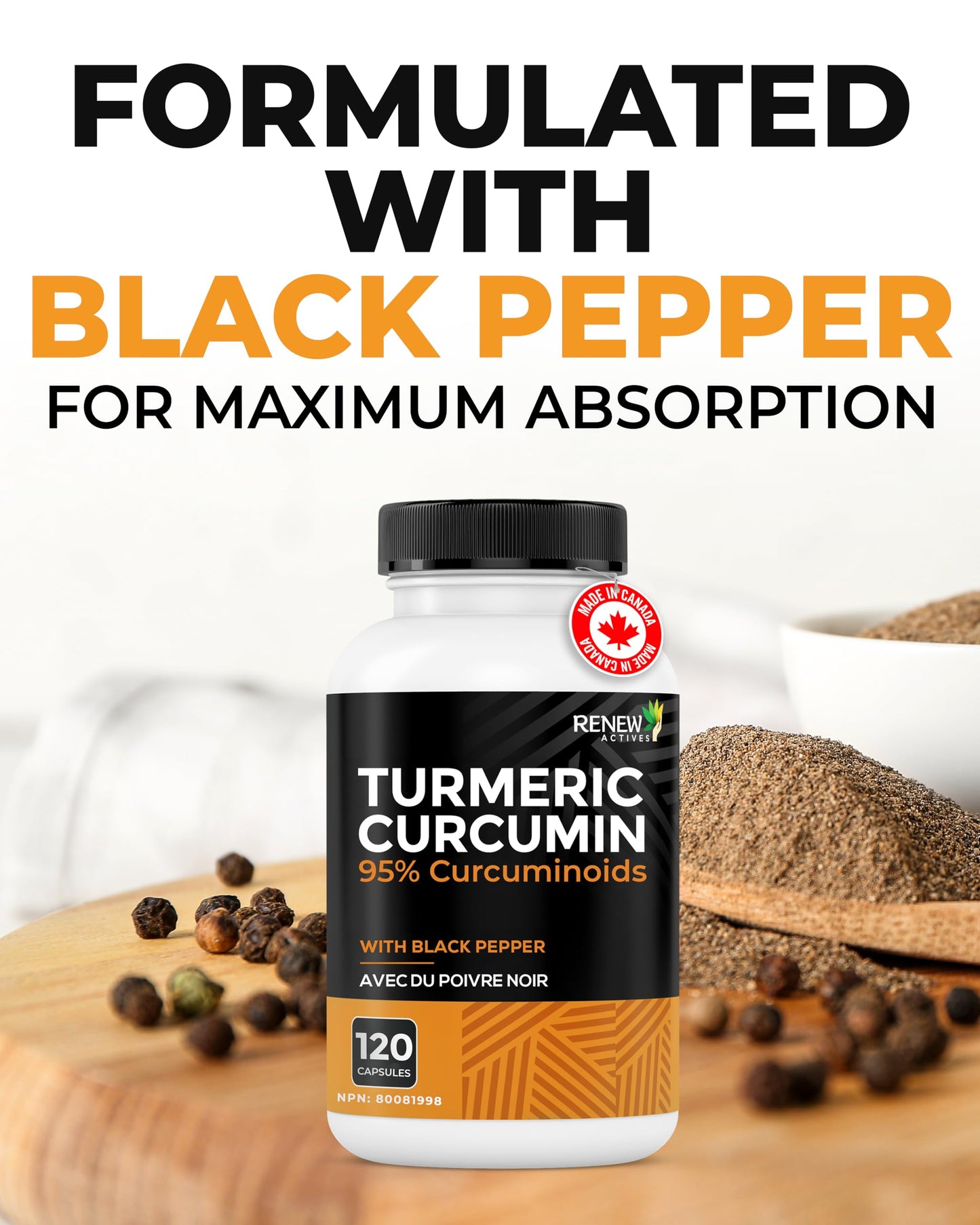 RENEW ACTIVES Turmeric Curcumin – Ultra Potent 95% Curcuminoids with BioPerine Black Pepper for Maximum Absorption – Supports Joint Health, Mobility, Digestion & Liver – Made in Canada – 120 Capsules