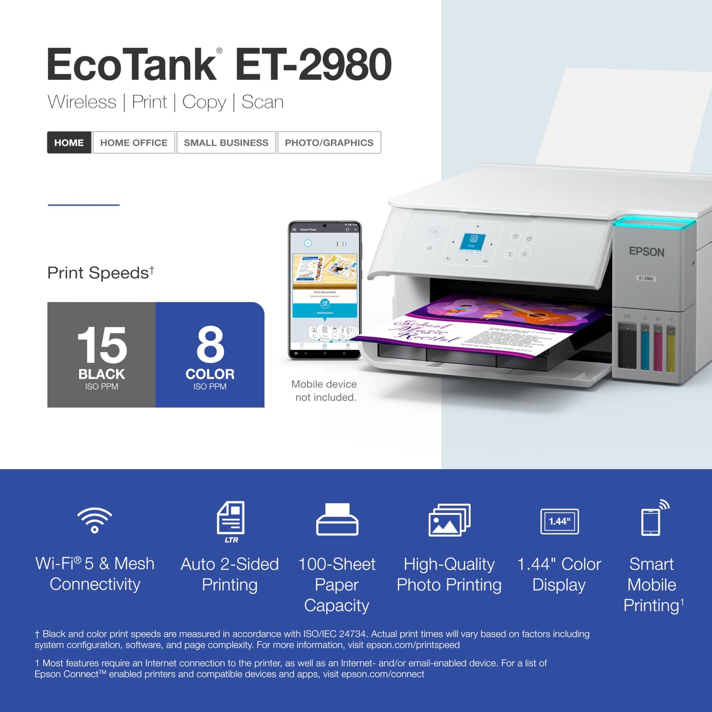 Epson EcoTank ET-2980 Wireless Color All-in-One Supertank Printer - White Epson