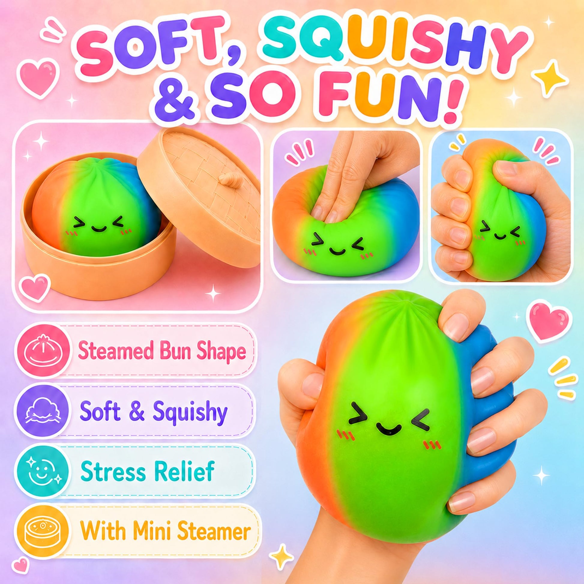 Dumpling Squishy Toys, 4 Pack Slow Rising Glitter Squishies, Cute Squishy Dumpling Stress Ball Squeeze Toys, Fidget Sensory Squishy Food for Kids Adults, Easter Basket Stuffers(Colorful)