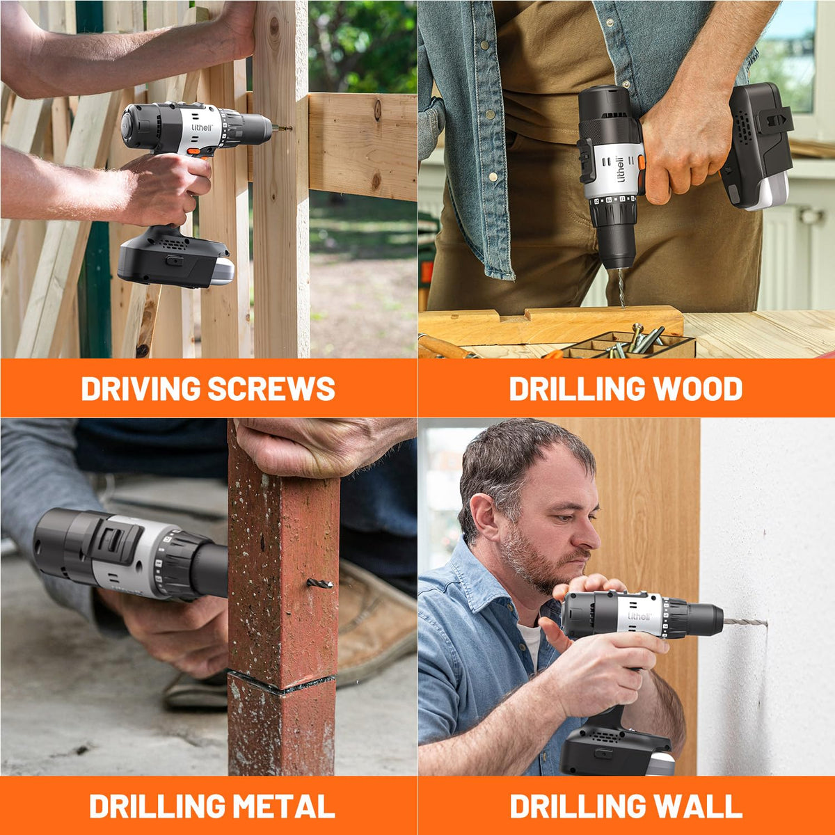 Litheli 20V Cordless Drill Driver, Electric Power Drill with 2 Variable Speed Settings, 1/2 Inch Keyless Chuck, 21+1 Clutch Settings with Maximum Torque of 443 in-lbs
