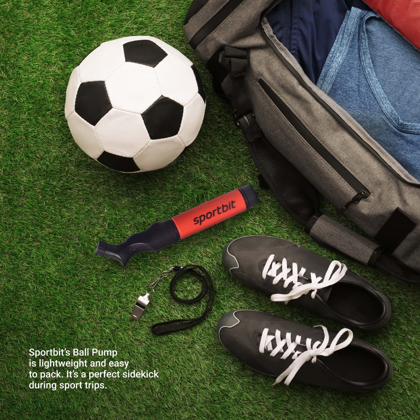 SPORTBIT Ball Pump for Sports Balls - Basketball Pump, Volleyball Pump, Football & Soccer Ball Air Pump - Hand Pump for All Sport Balls - Push & Pull Inflating System - Goes with 5 Needles Set