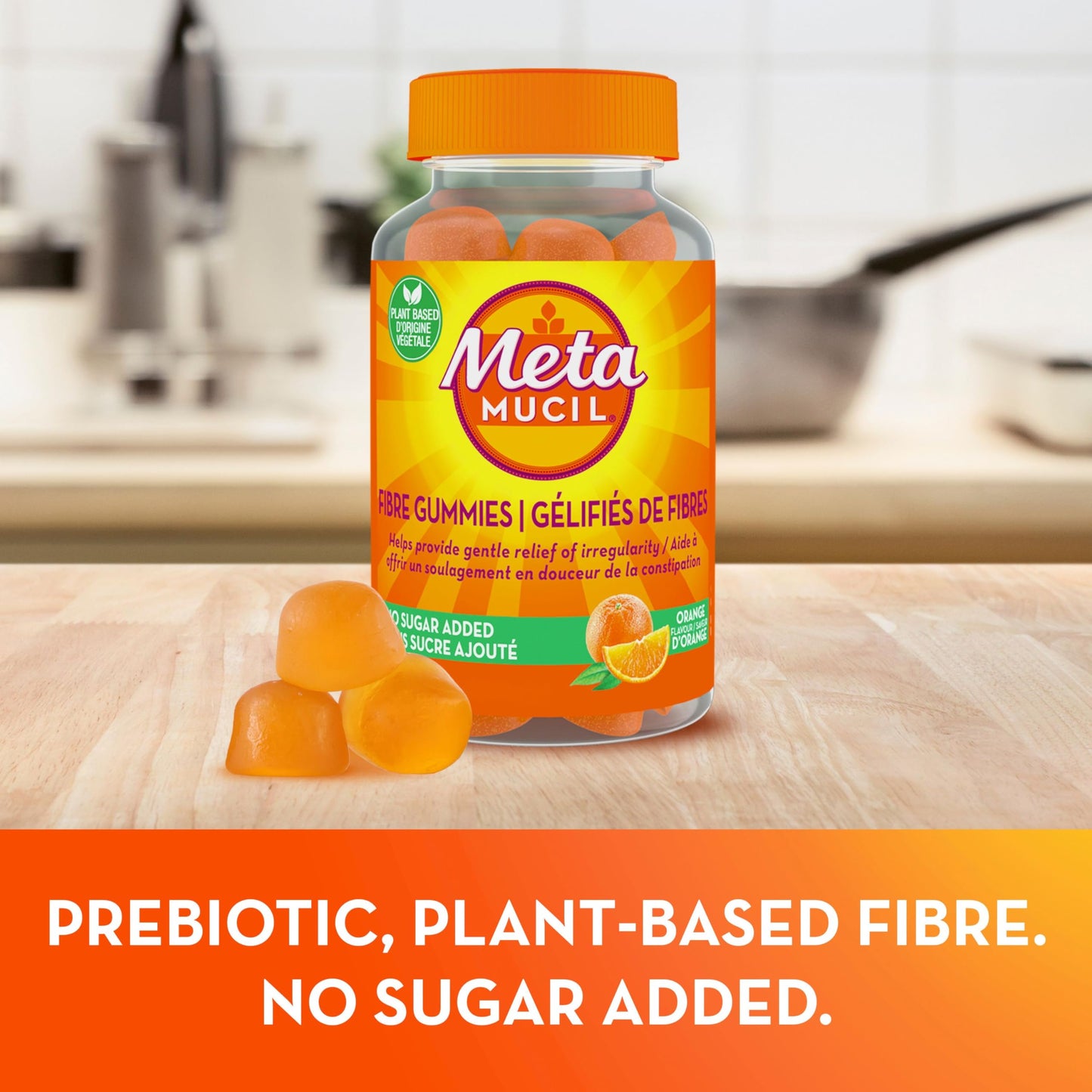 Metamucil Fibre Gummies, No Sugar Added, Daily Supplement, Prebiotic Plant-Based Fibre Blend, Orange Flavour, 72 Gummies