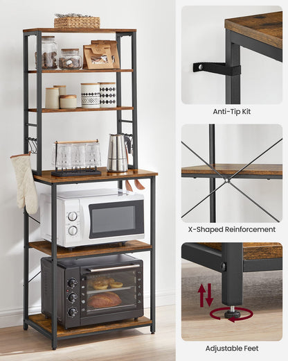 VASAGLE Coffee Bar, Baker’s Rack for Kitchen with Storage, 6-Tier Kitchen Shelves with 6 Hooks, Microwave Stand, Industrial, 15.7 x 23.6 x 65.7 Inches, Rustic Brown and Black UKKS024B01 🍁 All In One Marketplace Canada VASAGLE