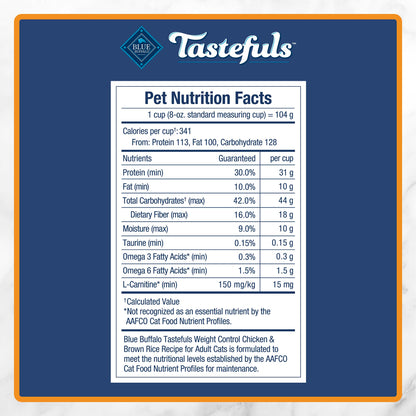 Blue Buffalo Tastefuls Chicken & Brown Rice Recipe Adult Dry Cat Food Weight Control, Real Chicken First, Deliciously Healthy Natural Cat Food, Supports Digestive Care and Coat Health, 3.1kg/7 lbs.