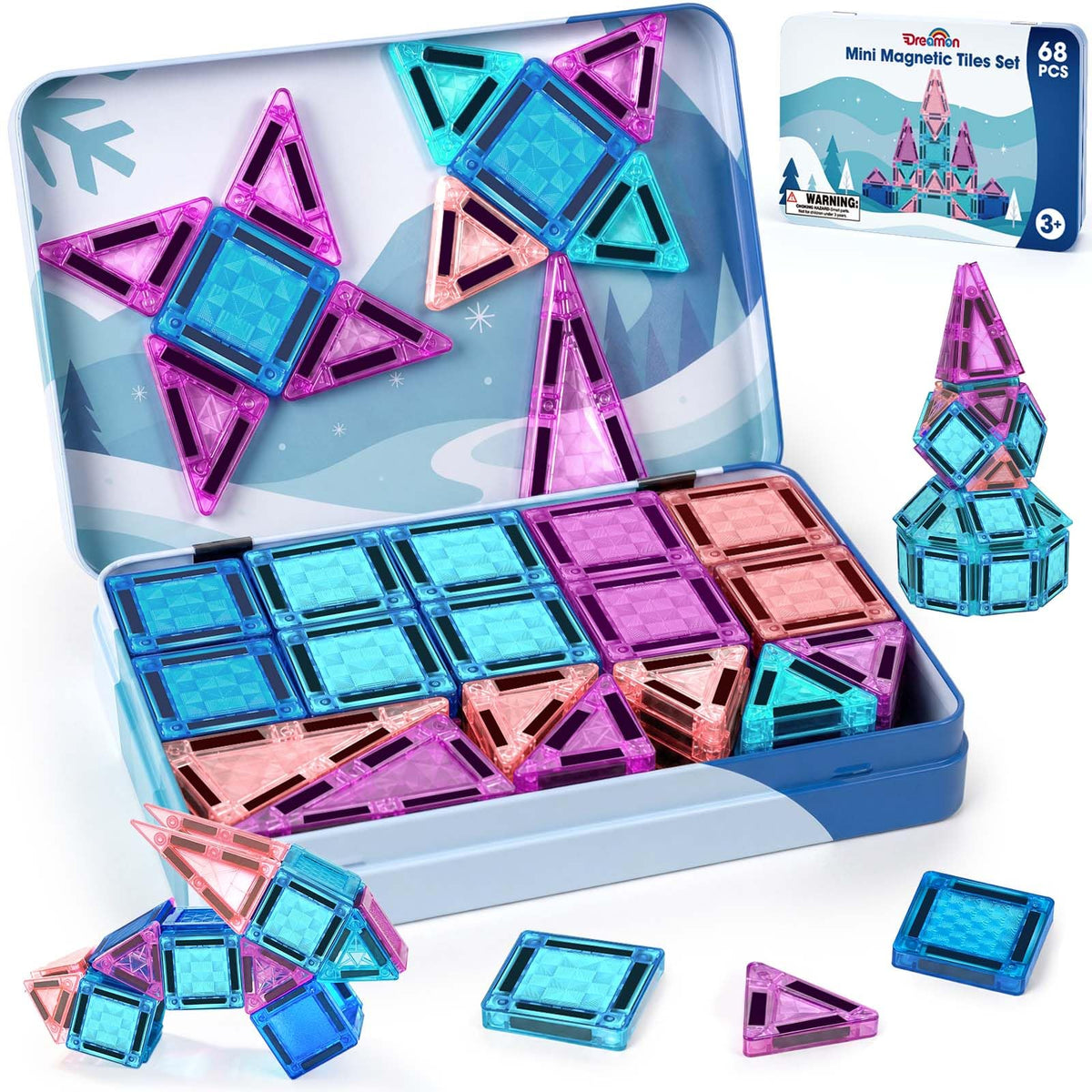 Dreamon 68 PCS Mini Magnetic Tiles Set Ice and Snow Travel Magnetic Tiles for Kids with Tin Box Magnetic Blocks Building Toy Christmas Birthday Gift Girls Boys Age 3 4 5 Years Old 🍁 All In One Marketplace Canada