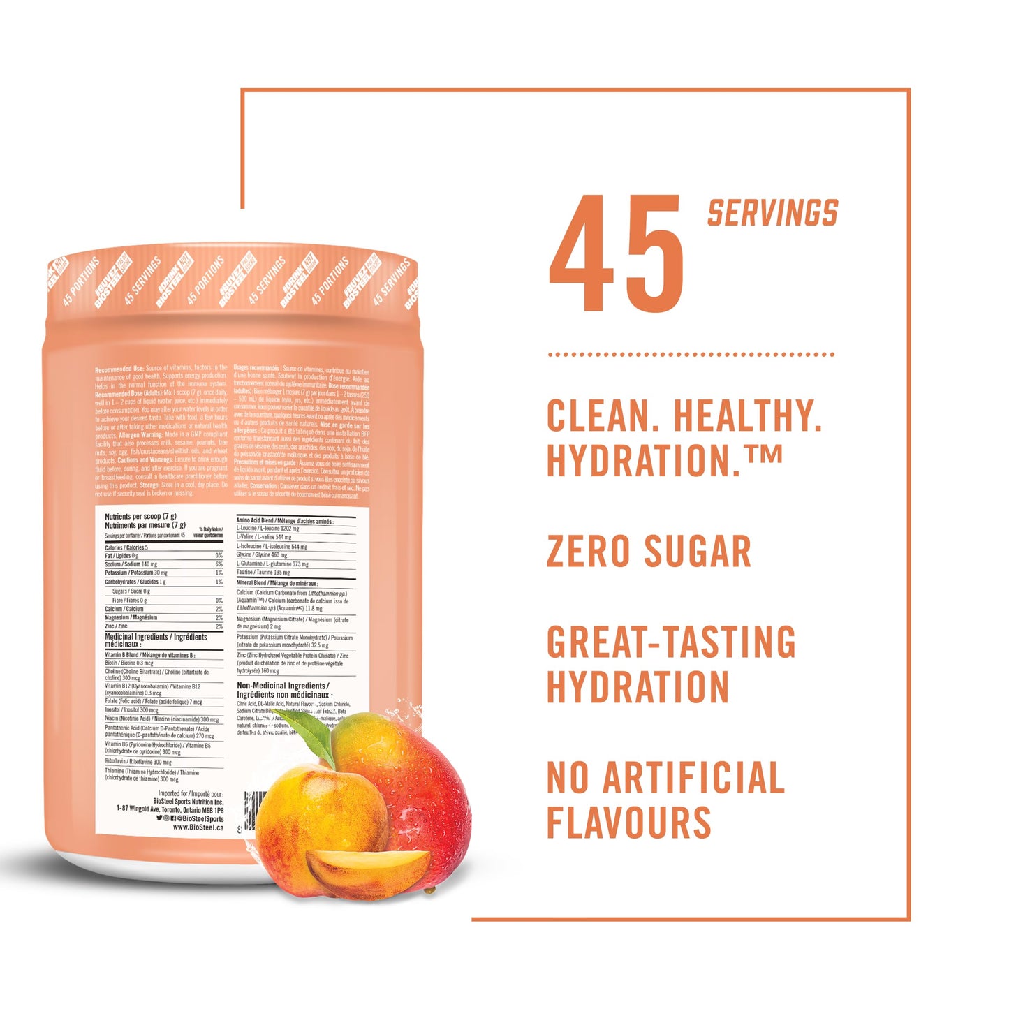 BioSteel Hydration Mix, Great Tasting with Zero Sugar, and No Artificial Flavours or Preservatives, Peach Mango, 45 Servings per Tub - Available at All In One Marketplace Canada