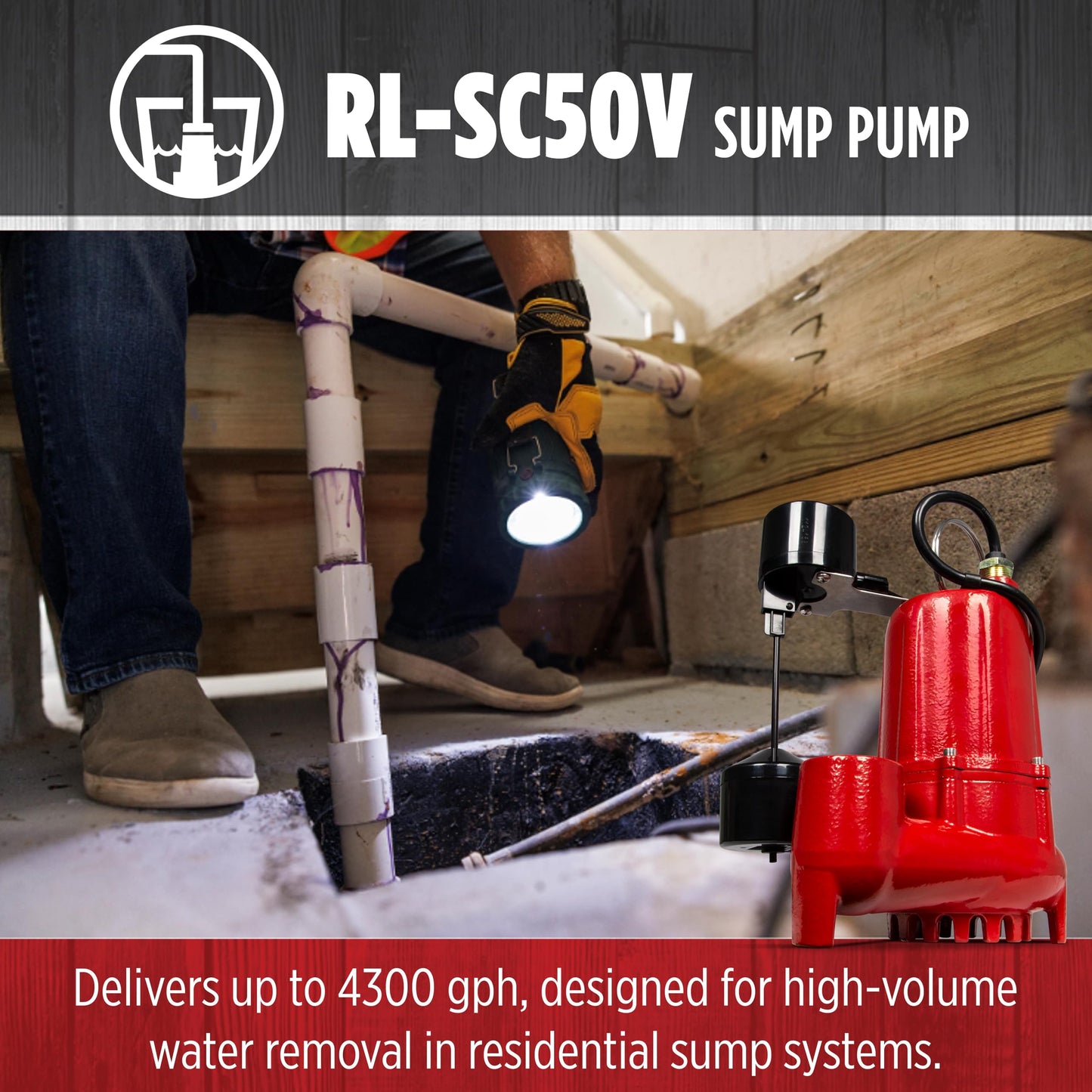 Red Lion RL-SC50V 115-Volt, 1/2 HP, 4300 GPH Cast Iron Sump Pump with Vertical Switch, 10-Ft. Cord, Red, 14942747 Red Lion