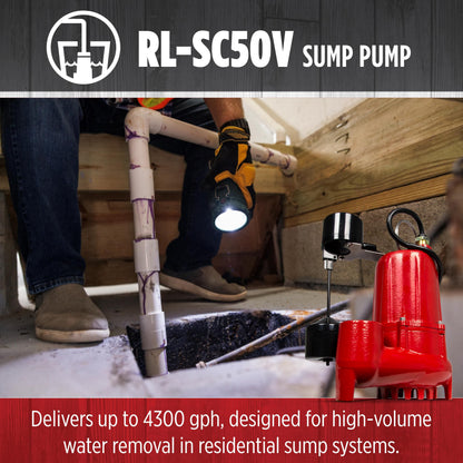 Red Lion RL-SC50V 115-Volt, 1/2 HP, 4300 GPH Cast Iron Sump Pump with Vertical Switch, 10-Ft. Cord, Red, 14942747 Red Lion