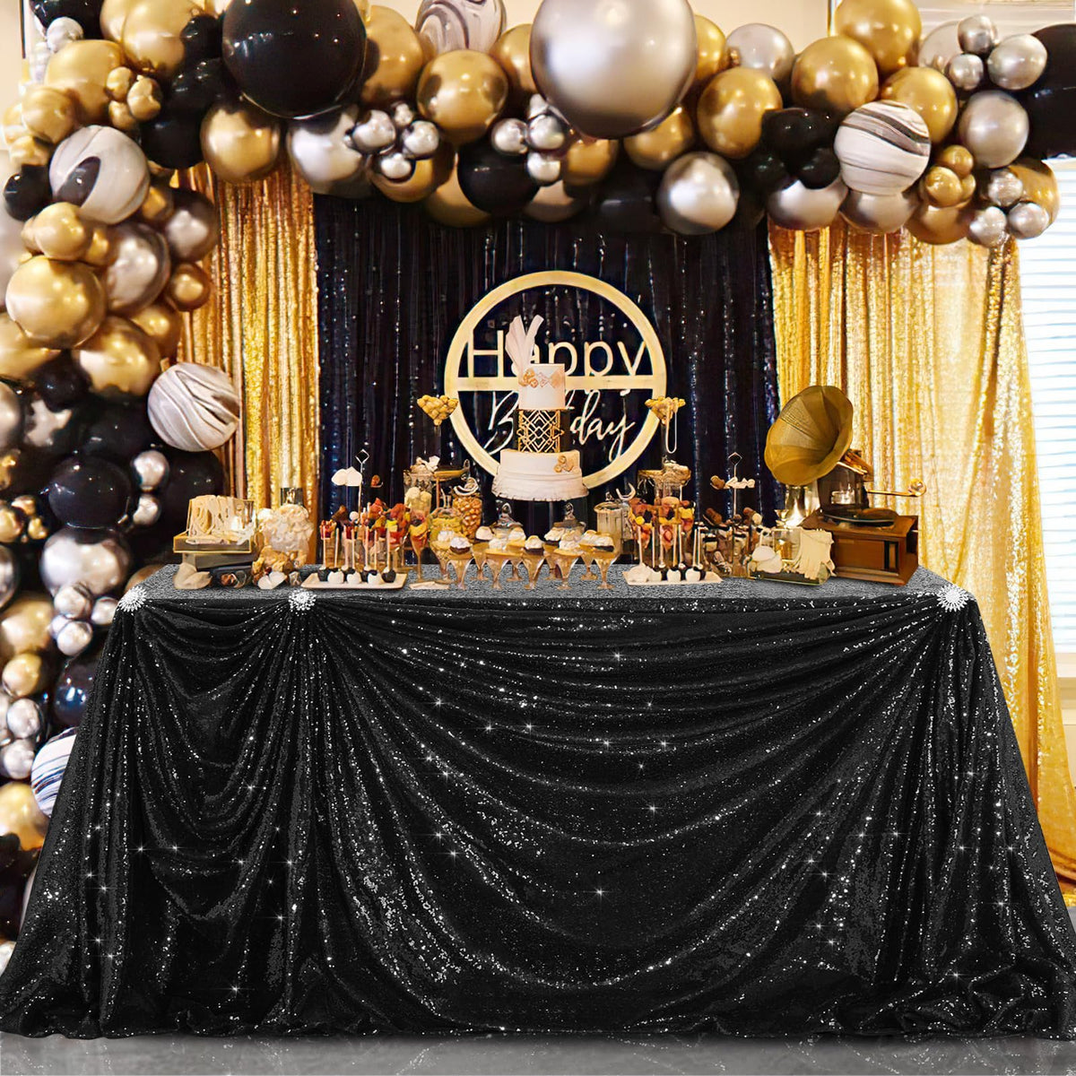 Nappe à paillettes noires B-COOL pour Halloween, chemin de table scintillant rectangulaire de 50x80 pouces pour décorations de table de mariage, anniversaire et bal de fin d'année