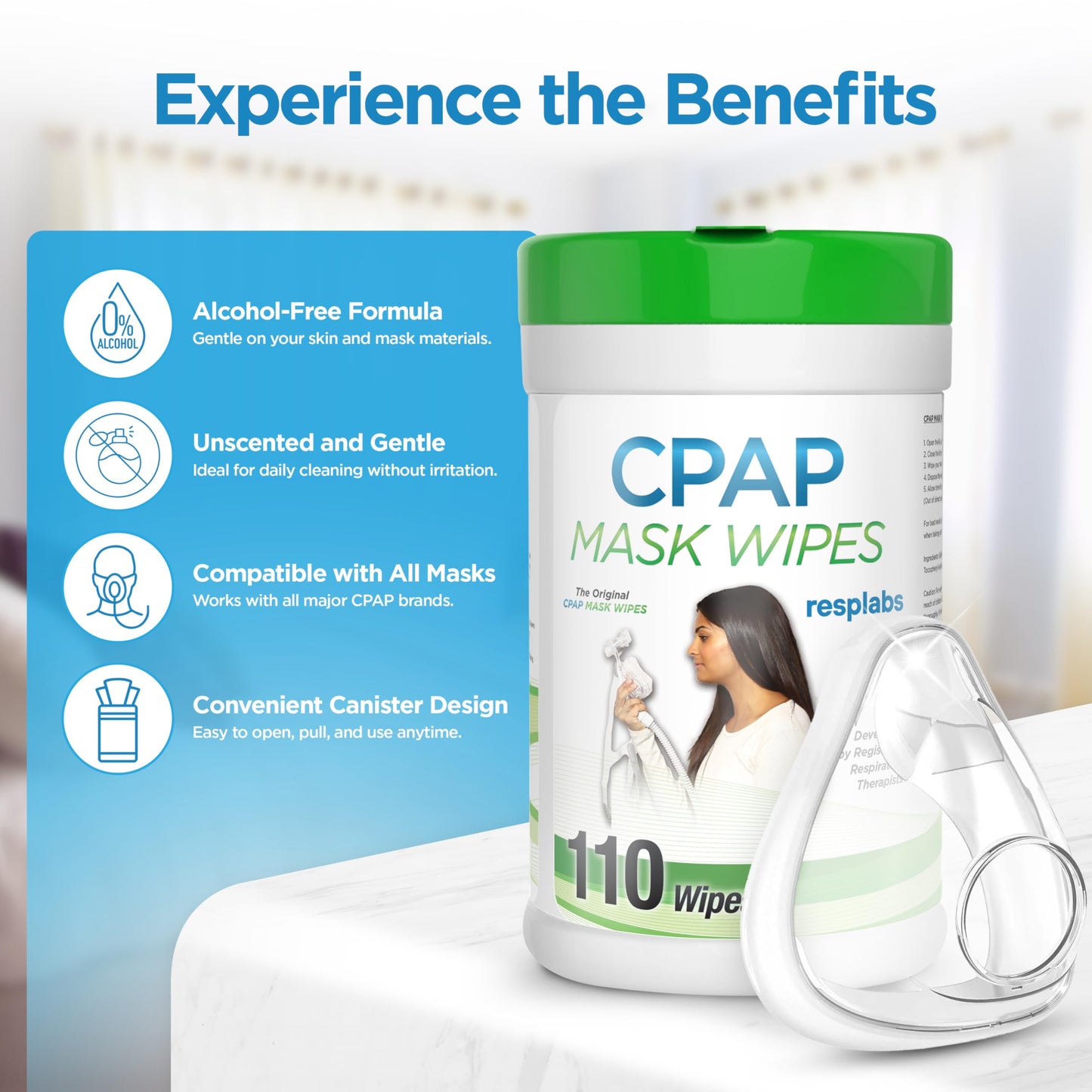 resplabs CPAP Mask Wipes, 110 Count Unscented - Safe for All CPAP Masks, Cushions, and Supplies - Daily Use Cleaning Wipes