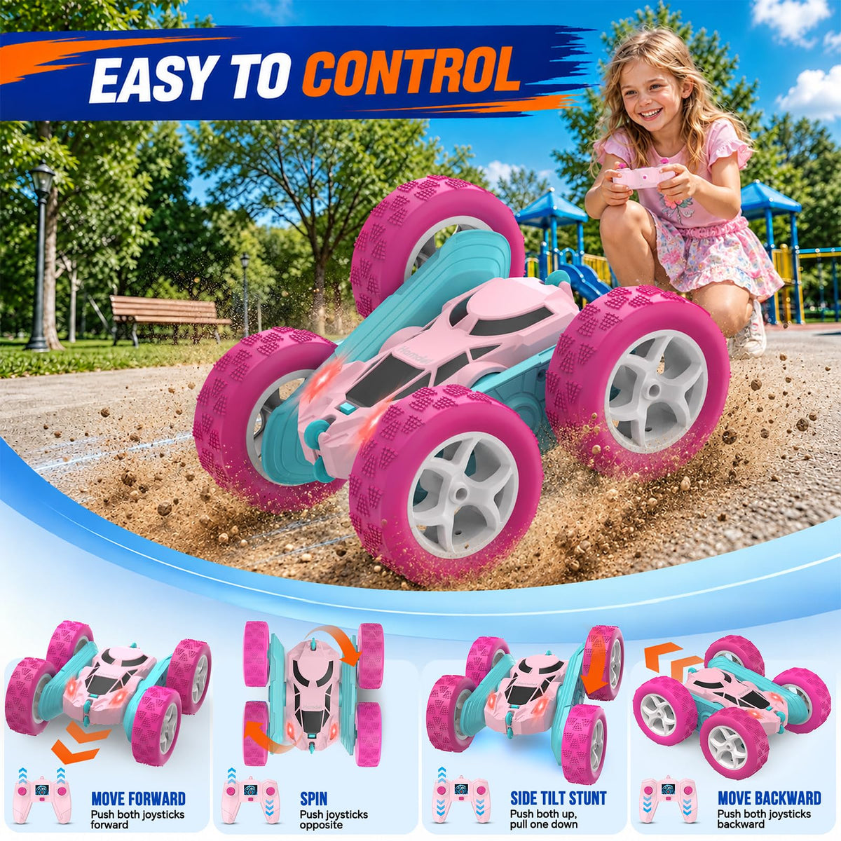 Hamdol Pink Remote Control Car for Girls, Double-Sided RC Stunt Car with LED Headlights, Rechargeable 4WD Electric Toy Vehicle, Princess Gift for 6–12 Year Old Girls, Birthday & Christmas Toy 🍁 All In One Marketplace Canada
