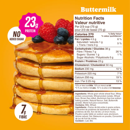 Flourish Protein Pancake & Waffle Mix with Whey Protein, No Added Sugar, High in Fiber - Just Add Water - Buttermilk Flavour, 430 g Each (2 Pack) - Made in Canada