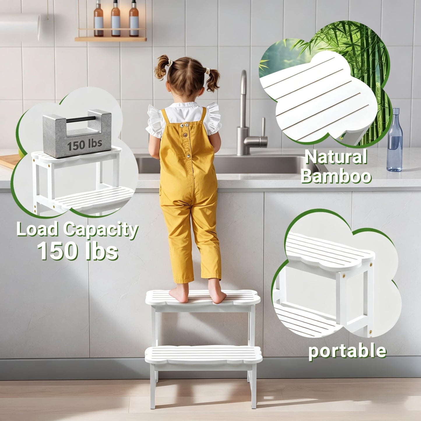 COSYLAND Bamboo Step Stool, Two Step Stools Toddler 300 lbs Capacity with Safety Non-Slip Pads, Bamboo Step Stool for Bathroom, Kitchen Dual Height Step Stools for Kids (White) 🍁 All In One Marketplace Canada