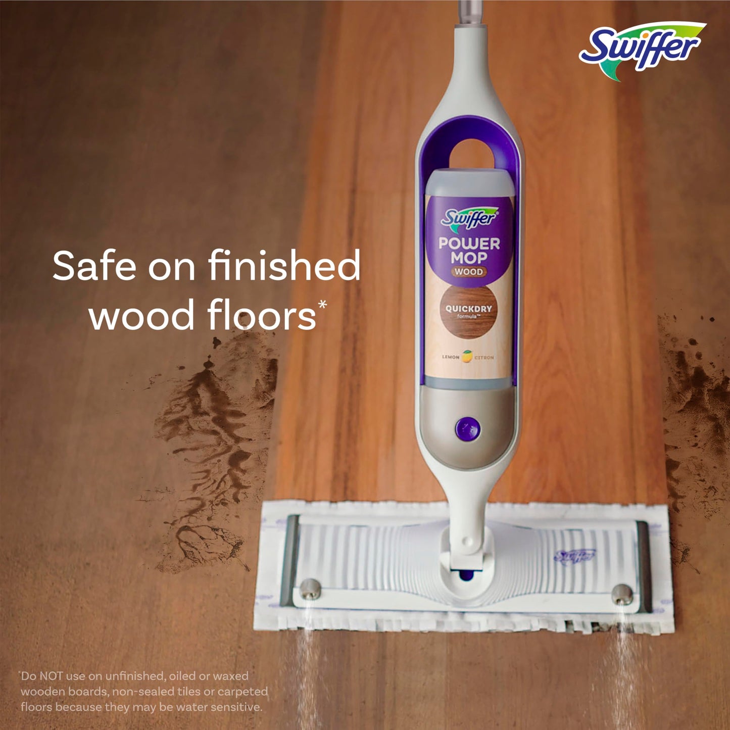Swiffer Power Mop Wood, Hardwood Floor Cleaner for Mopping Home, All Purpose Multi-Surface Cleaning Set Includes PowerMop Wood, 2 Pads, 1 Quickdry Lemon Solution, & 2 Batteries, 5 Count Swiffer