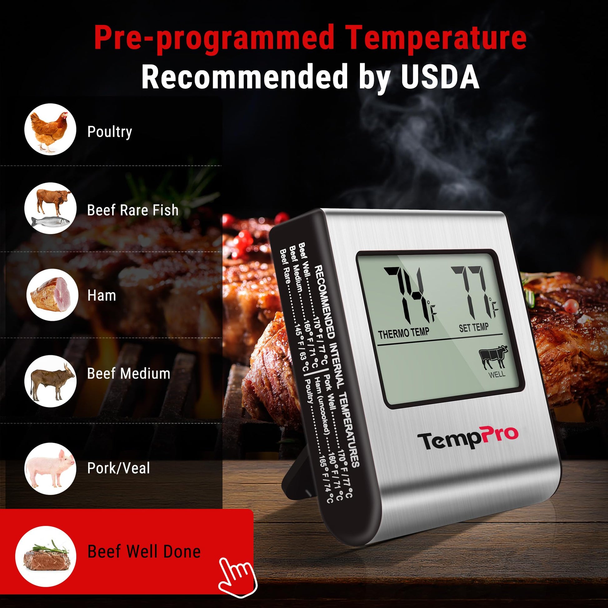 ThermoPro TP-16 Meat Thermometer with Stainless Steel Probe for Indoor Outdoor Use, Digital Cooking Thermometer for Grill, Barbecue, Oven, Smoker, Candy - Available at All In One Marketplace Canada