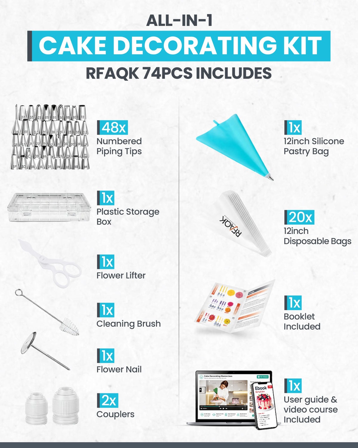 Cake Decorating Kit Supplies | RFAQK 74 PCs Piping Bags and Tips-48 Numbered Stainless Steel Piping Tips & Icing Bags-Reusable Silicon Bag, Couplers with Pattern Chart, EBook & Other Icing Piping Set 🍁 All In One Marketplace Canada