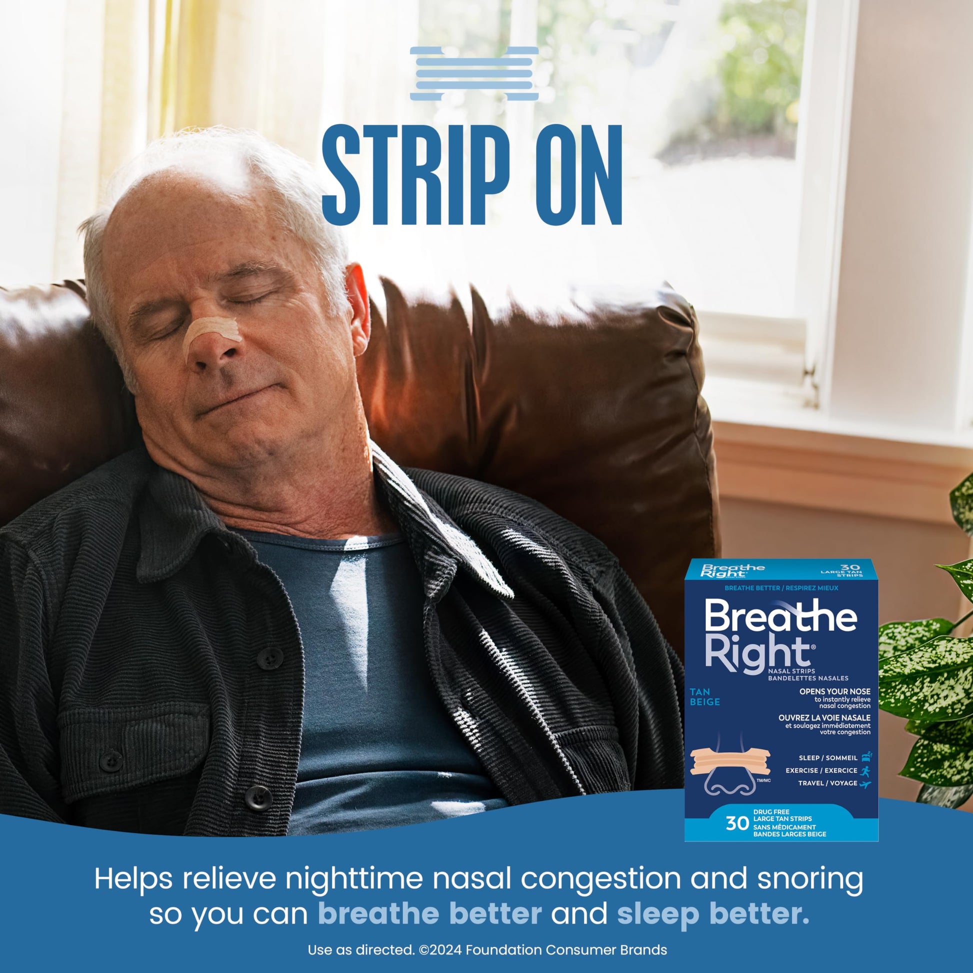 Breathe Right Nasal Strips, Original Large, Tan, Drug-Free Snoring Solution & Nasal Congestion Relief Caused by Colds & Allergies, Nightly Sleep, 30 Count - Available at All In One Marketplace Canada