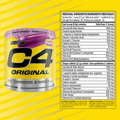 Cellucor C4 Original Pre Workout Powder - Sugar Free Preworkout Energy for Men & Women - 150mg Caffeine, Beta Alanine, Creatine - Grape Popsicle, 30 Servings Cellucor