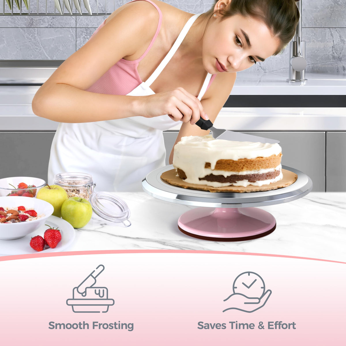Ohuhu Cake Turntable, 12" Aluminium Stand with Smoother & Scrapers, Pink 🍁 All In One Marketplace Canada
